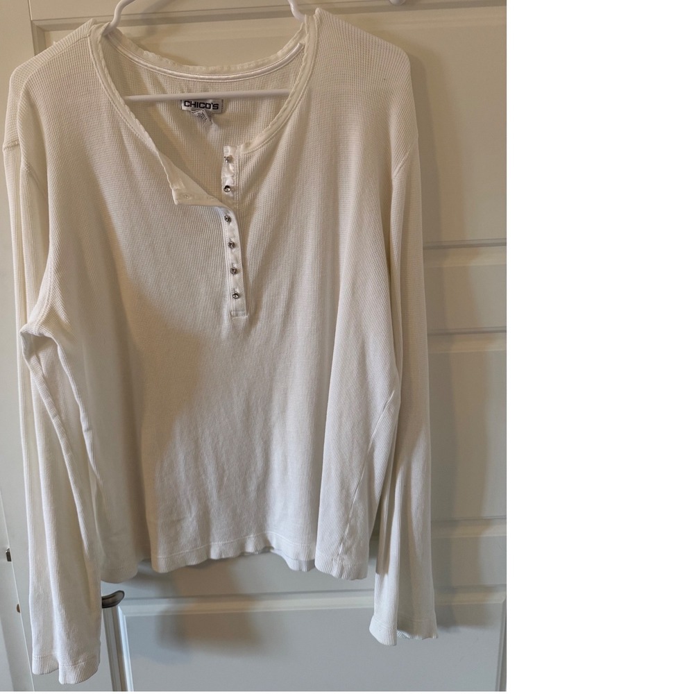 Chicos sz 2(L) womens white cotton button waffle Henley long sleeve shirt top - Picture 3 of 7